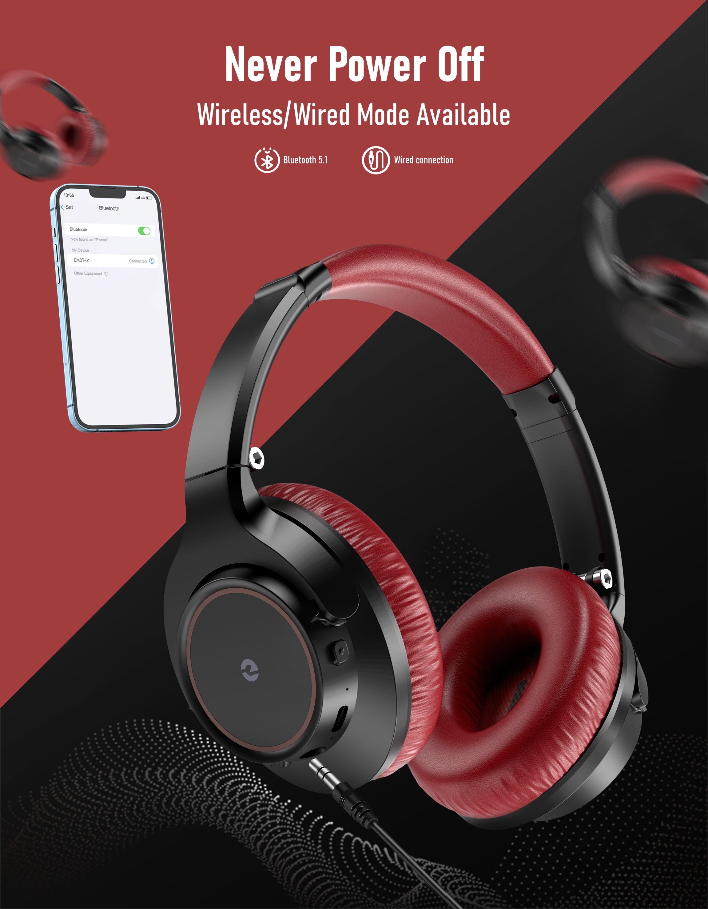 EMBT Bluetooth Headphones Black Red